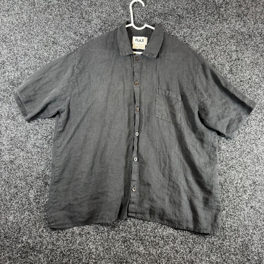 FLAX Mens Large 100% Linen Short Sleeve Button Down Shirt Charcoal Gray Relaxed